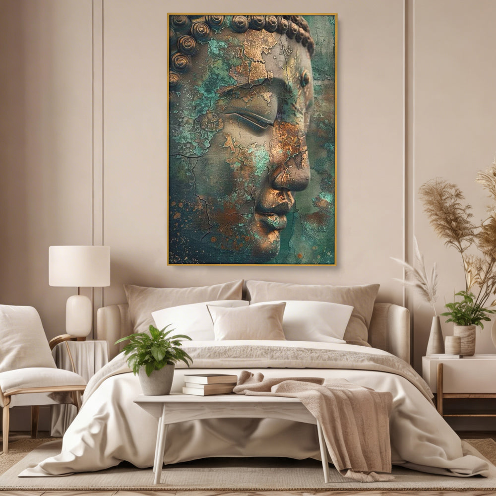 Tablou canvas cu tablou canvas cu profil de buddha, in rama de aluminiu auriu, pe perete intr-un dormitor